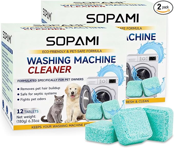 SOPAMI Washing Machine Cleaner Tablets 24-Pack (12 Month Supply) for HE/Top/Front Load Washers - Removes Stubborn Pet Hair, Odors, Mold & Residue, Septic Safe & Fragrance Free