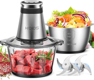 KOIOS Food Processor, 500W Electric Food Chopper with 2 Bowls (8 Cup+8 Cup) & 2 Bi-Level Blades&, Small Electric Grinder Meat Processor for Nuts