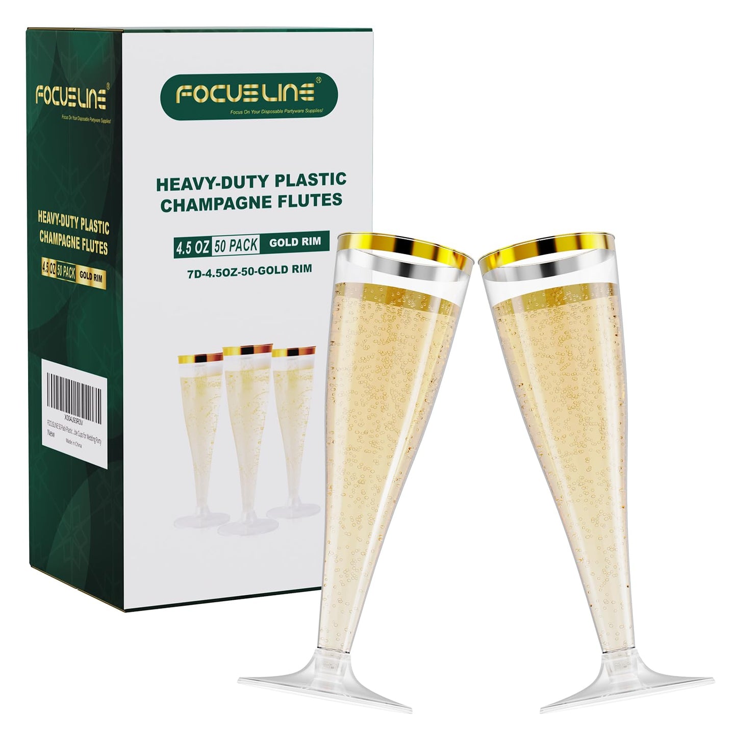 FOCUSLINE 50 Pack Plastic Champagne Flutes, 4.5 Oz Gold Rim Disposable Champagne Glasses for Wine, Cocktails, Mimosas, Disposable Clear Toasting Glasses, Perfect for Parties and Any Celebrations