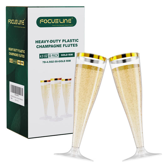 FOCUSLINE 50 Pack Plastic Champagne Flutes, 4.5 Oz Gold Rim Disposable Champagne Glasses for Wine, Cocktails, Mimosas, Disposable Clear Toasting Glasses, Perfect for Parties and Any Celebrations