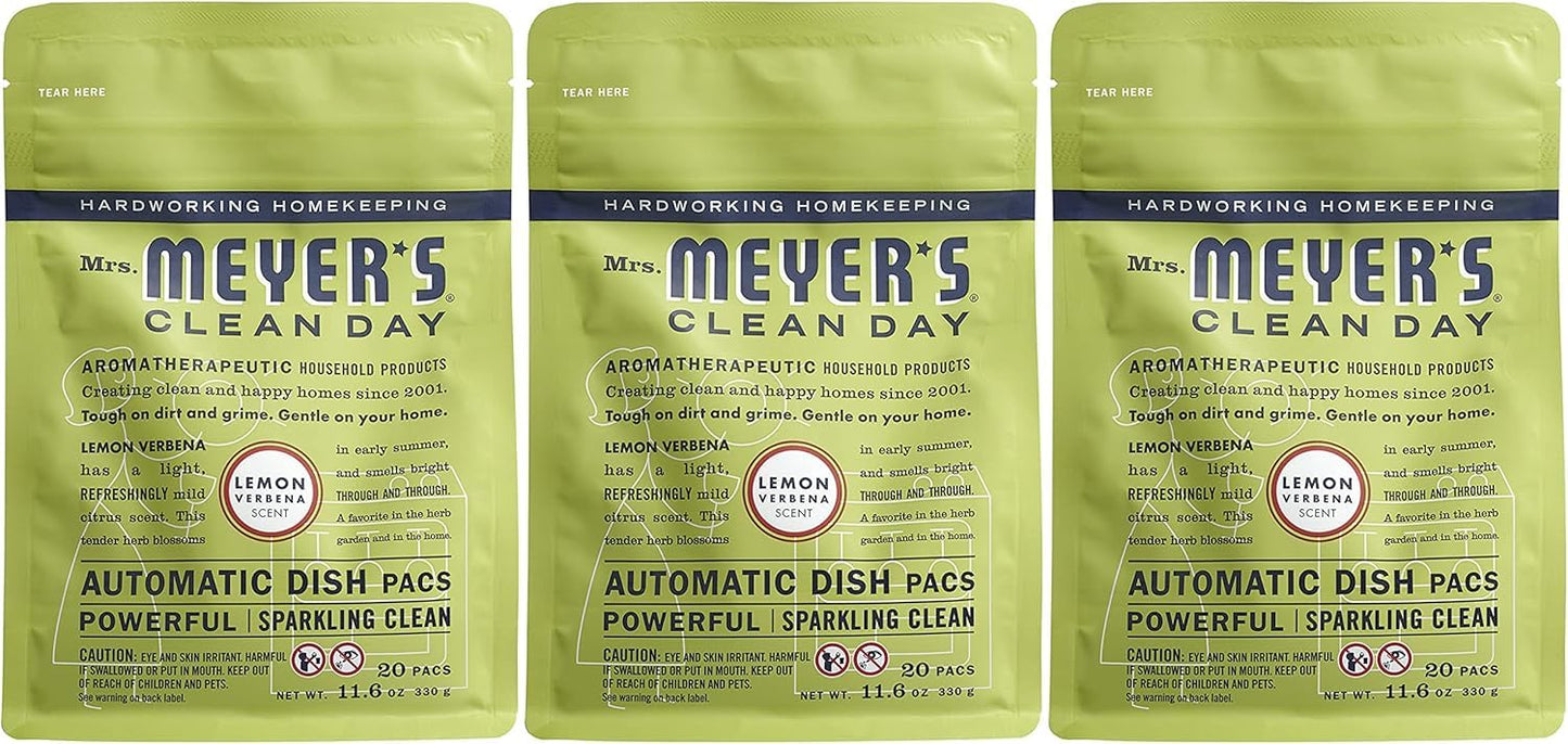 MRS. MEYER'S CLEAN DAY Automatic Dishwasher Pods, Lemon Verbena, 20 Count - Pack of 3 (60 Total Pods)