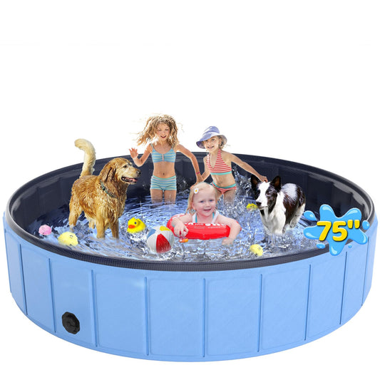 Large Foldable Dog Pool 75”x16”, EPN Heavy Duty Hard PVC Collapsible Dog Pool for Large Dogs and Kids, Leakproof Non-Slip Pet Wading & Bathing Tub with Drain, for Indoor & Outdoor Use