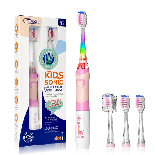 SEAGO Kids Electric Toothbrush with 2 Mins Brushing Timer and 4 Replacement Brush Heads, Rainbow LED Light Makes Brushing Fun, Boys Battery Powered Toothbrush for 4-12 Years Old，SG-977（Pink）