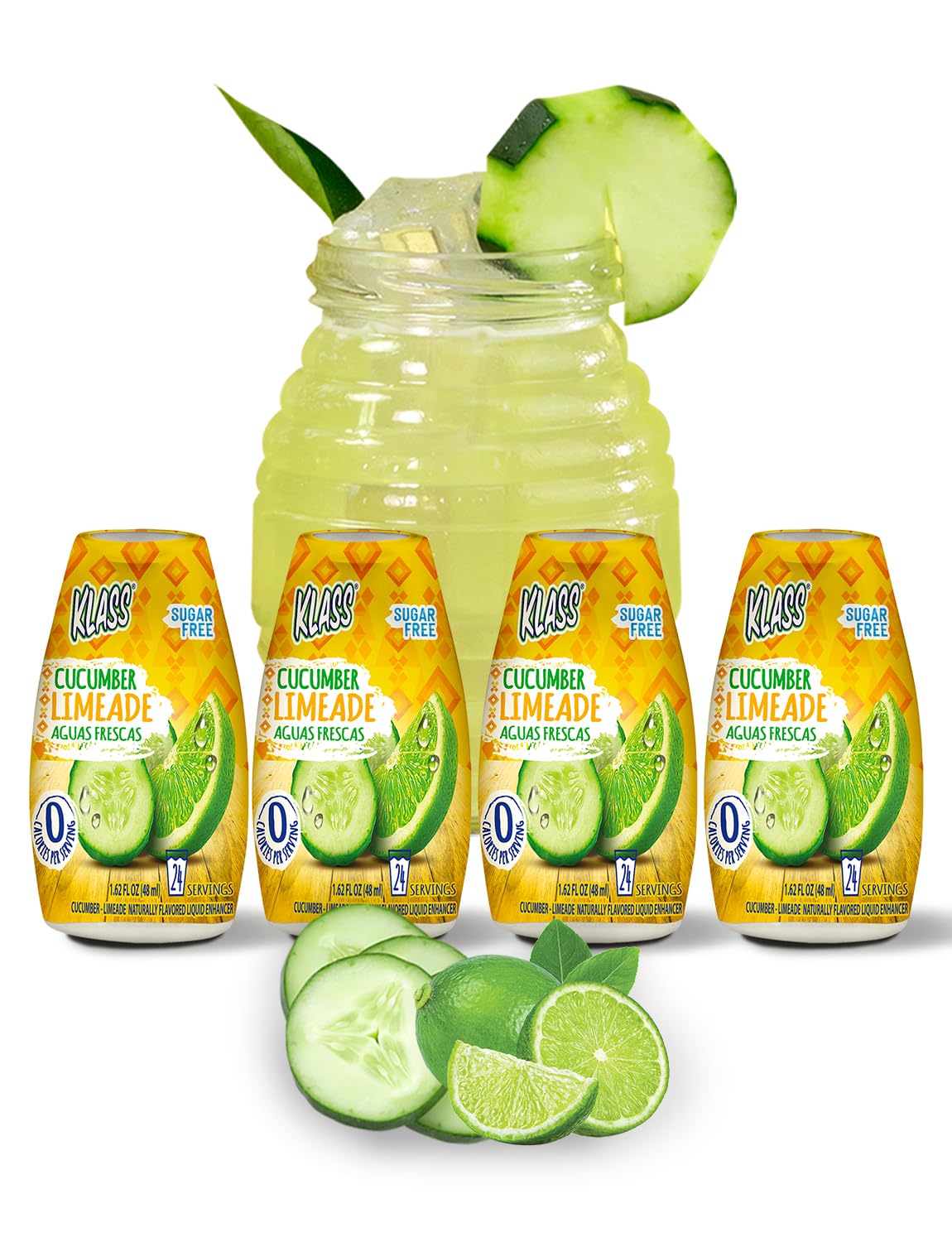 Klass Aguas Frescas | Liquid Water Enhancer | Cucumber-Limeade | Naturally Flavored | Sugar Free | Zero Calories Per Serving | Keto | 4 Bottles, Makes 96 Drinks