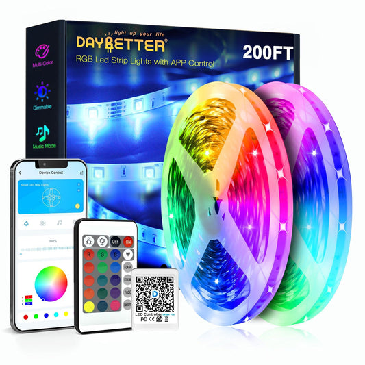 DAYBETTER Led Strip Lights 200 ft (2 Rolls of 100 ft) Ultra Long Smart Light Strips with App Voice Control Remote, RGB Music Sync Color Changing