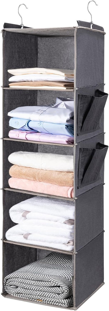 BOOMIBOO Hanging Closet Organize and Shelves,5-Hanging Shelf with 2 Side Pockets, Storage Foldable (Grey)