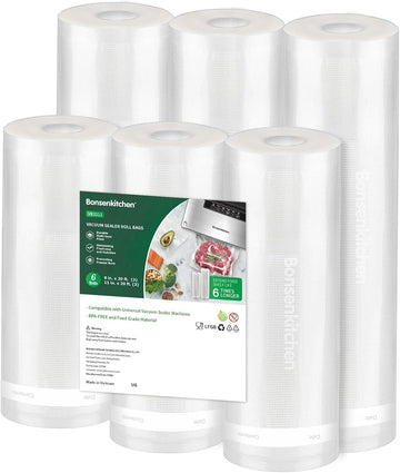 Bonsenkitchen Vacuum Sealer Rolls Bags, 6 Pack 3 Rolls 11" x 20' + 3 Rolls 8" x 20' Commercial Grade BPA Free Bag Rolls