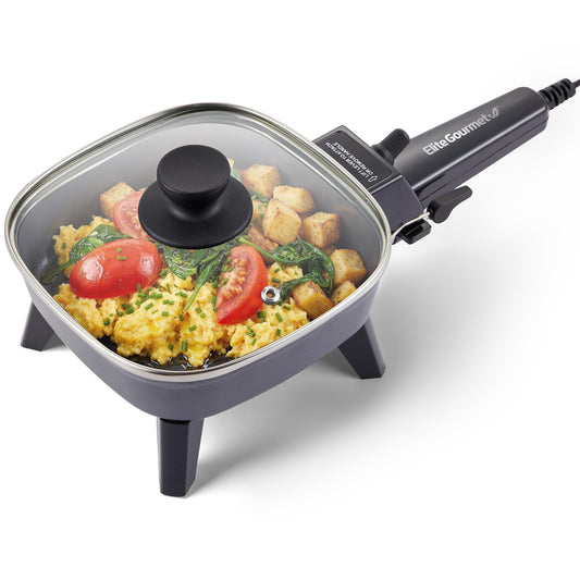 Elite Gourmet EFS059 Personal Electric Skillet, 7” Compact Portable Cooker, Adjustable Temperature, 600W Rapid Heating, Nonstick Surface, Tempered Glass Lid, Removable Handle, Black