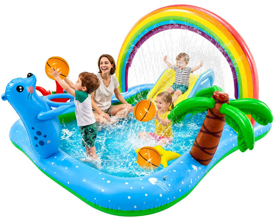 Inflatable Play Center Pool with Water Slide, 90.6 X 77.6in Rainbow Sprinkler Arch & Seal Design Kiddie Pool for Kid's Summer Backyard Splash Toy with Slide, Sprinkler & Play Area