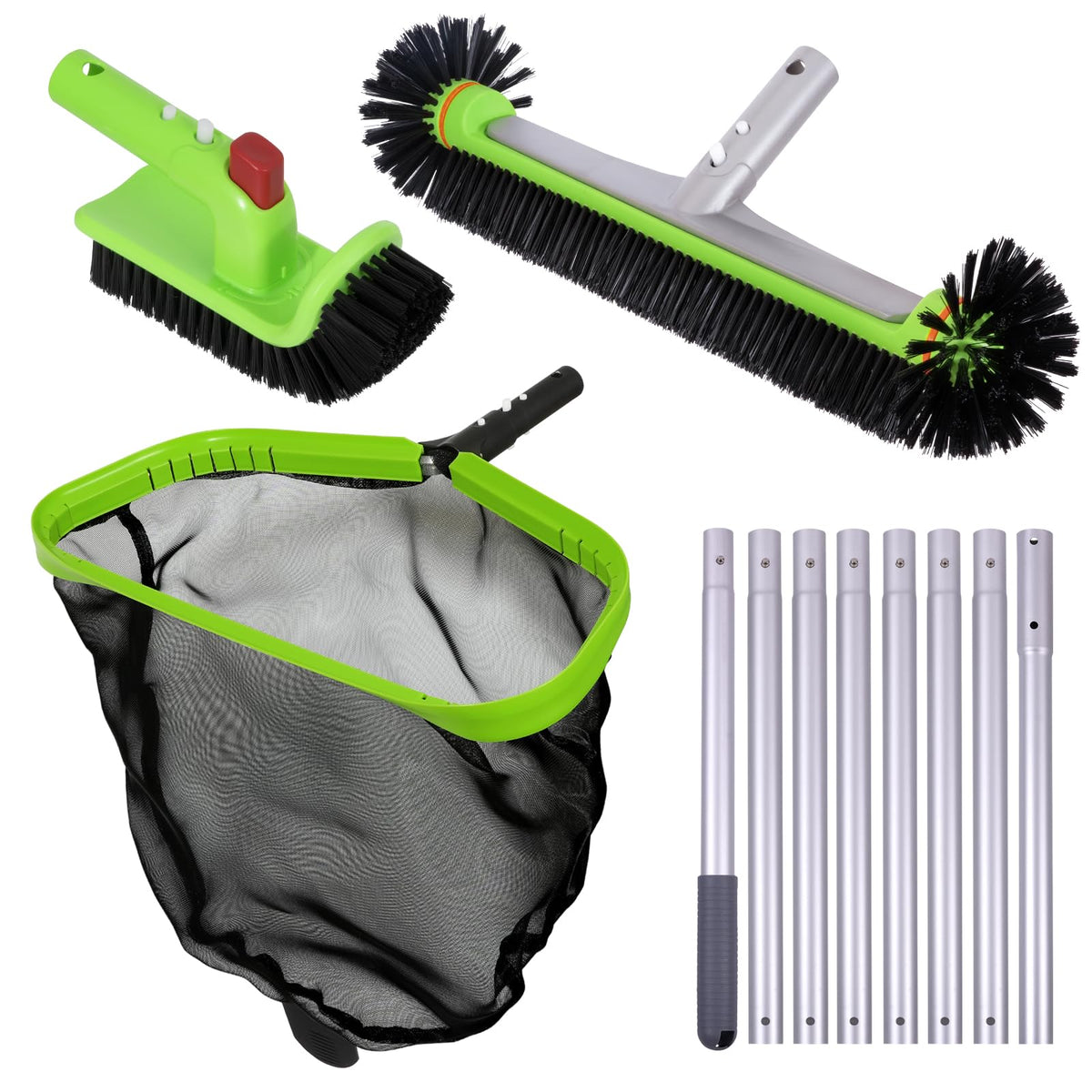 Sepetrel Deluxe Swimming Pool Cleaning Kit with 10.5" Aluminum Pole, Professional Pool Maintenance Set with Leaf Skimmer Net, 17.5" Pool Brush Head & Hand Scrub Brush for Inground & Above Ground Pools