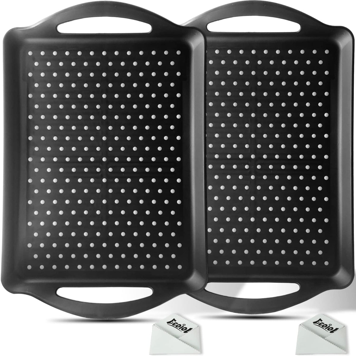 ECOIOU Non Slip Food Serving Tray with Handles, 2-Pack Rectangle Anti-Slip Non-Toxic Dishwasher Safe Tray for Snack Fruit Dessert Breakfast Drink,Black