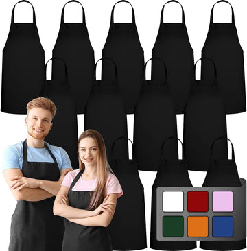Green Lifestyle 12 Pack Bib Apron - Unisex Black Aprons, Machine Washable Aprons for Men and Women, Kitchen Cooking BBQ Bulk (Pack of 12, No Pockets