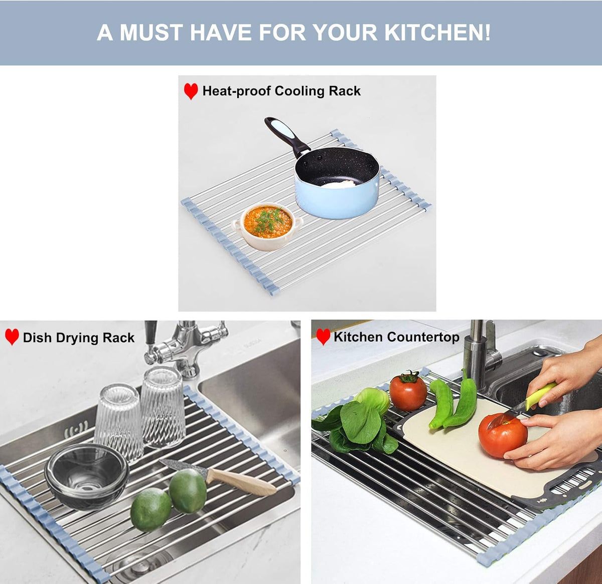MECHEER Over The Sink Dish Drying Rack, Roll Up Dish Drying Rack Kitchen Dish Rack Stainless Steel Sink Drying Rack, Foldable Dish Drainer, 17.5''x11.8''