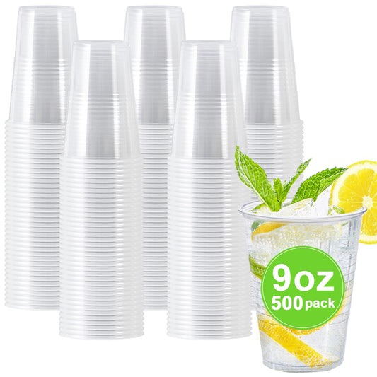 Clawsoff 500 Pack 9 oz Plastic Cups, Disposable Drinking Cups, Water Cups Plastic Clear Cups for Party, Wedding, Graduation, Travel, Holiday, Events, Birthday,Cold,Hot