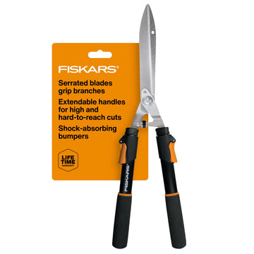 Fiskars Power-Lever Extendable Hedge Shears, Self-Sharpening Serrated Steel Blades for Clean Cuts, Handles Adjust 25"-33" for High Reach