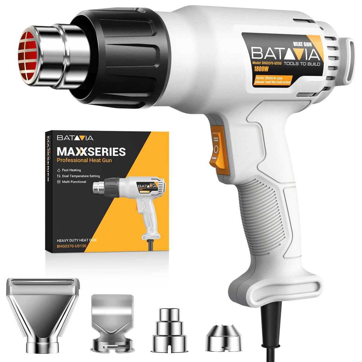 Heat Gun - BATAVIA Dual Protection Fuses 1800W Heavy Duty Fast Heat Hot Air Gun with 752℉&1112℉ Dual-Temperature Settings and 4 Nozzles with Overheat Protection for Crafts, Vinyl Wrap, Shrink Tubing
