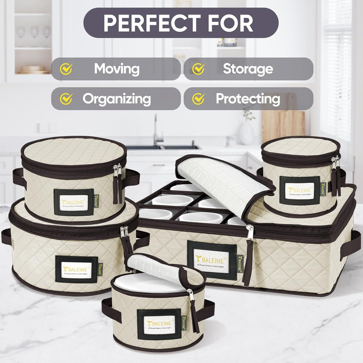 BALEINE China Storage Containers, Sturdy Quilted Wine Glass Storage, Plate Organizer with Carry Handles, Moving Boxes for Dishes, Cups