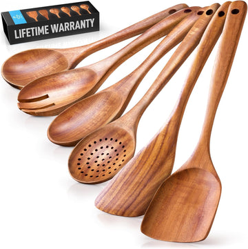 Zulay Kitchen 6-Piece Wooden Spoons for Cooking - Smooth Finish Teak Wood Utensils