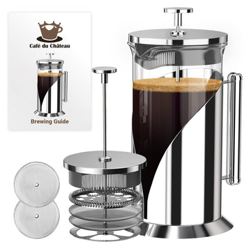 Cafe Du Chateau Stainless Steel French Press Coffee Maker 34 oz - Easy to Use Insulated Coffee Press with 4-Level Filtration, Manual Brewer for Tea