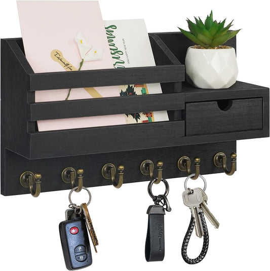 FifthQuarter Key and Mail Holder for Wall, Mail Organizer Wall Mount with 6 Hooks and Storage Drawer, Easy Installation Key Rack