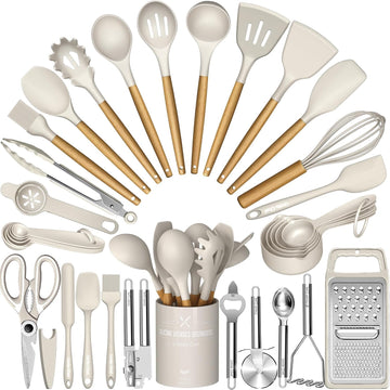 Cooking Utensils Set- Umite Chef Khaki Silicone Kitchen Utensils Set, 34PCS Heat Resistant Kitchen Gadgets Tools Set with Grater