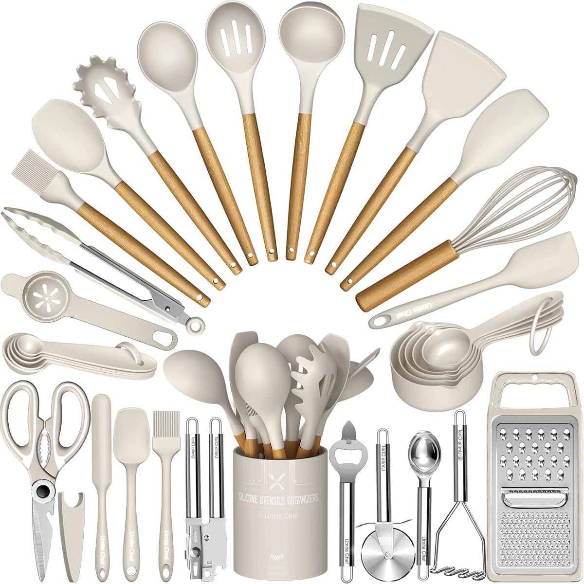 Cooking Utensils Set- Umite Chef Khaki Silicone Kitchen Utensils Set, 34PCS Heat Resistant Kitchen Gadgets Tools Set with Grater, Wooden Handle Kitchen Spatula Set for Nonstick Cookware