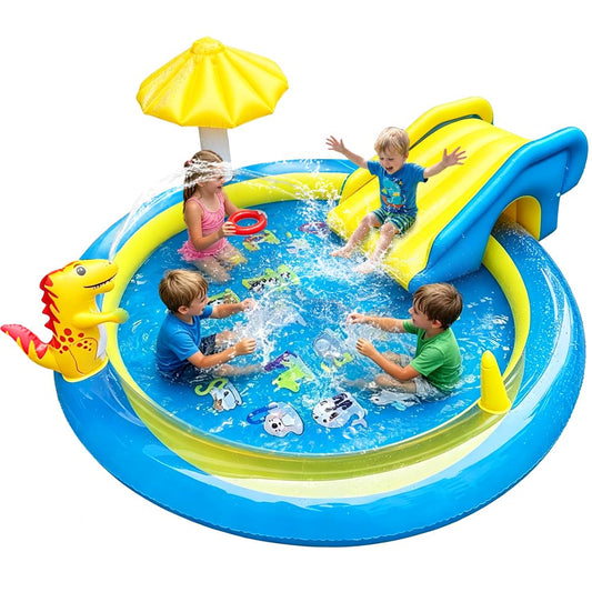Dinosaur Inflatable Play Center, Kids Round Wading Swimming Pool with Slide, Dinosaur Sprinkle, Mushroom Shade for Kids Children Summer Outdoor Splish Splash, Garden Backyard Water Park, 87"x75"x31.5"