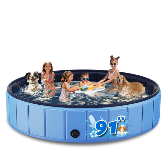 Foldable Dog Pool for Large Dogs, 91” Collapsible Hard-Side Dog Swimming Pool, Leakproof PVC Portable Pet Bath Tub & Kiddie Pool, Non-Slip Bottom, Indoor & Outdoor, Blue