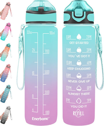 Enerbone 32 oz Drinking Water Bottle with Times to Drink and Straw, Motivational with Carrying Strap, Leakproof BPA & Toxic Free