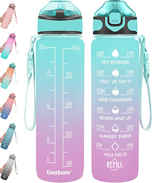 Enerbone 32 oz Drinking Water Bottle with Times to Drink and Straw, Motivational with Carrying Strap, Leakproof BPA & Toxic Free