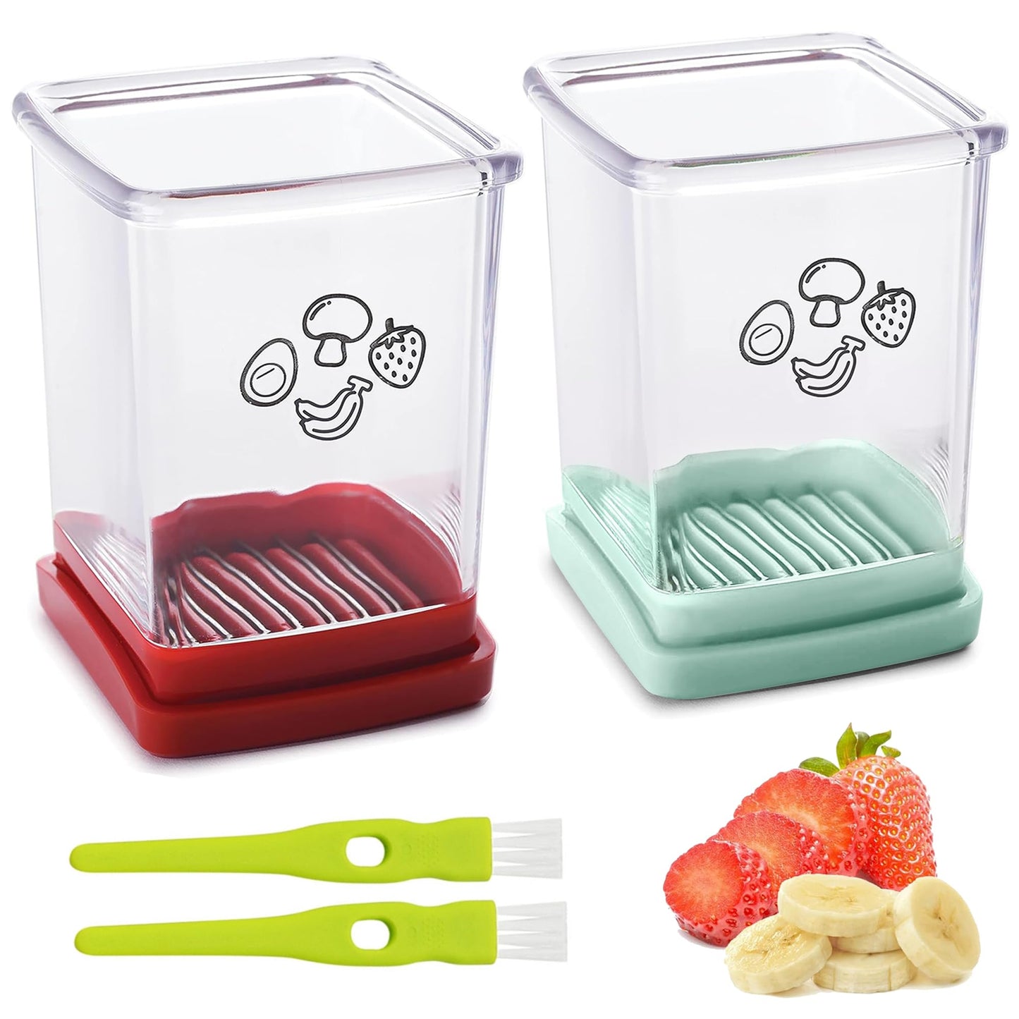 2 Pcs Cup Slicer, Stainless Steel Strawberry & Banana Slicer, Speed Fruit Cutter with Push Plate, Quickly Making Salad, Must Have Kitchen Gadget (Cyan+Red)