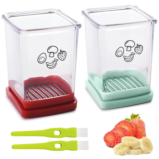 2 Pcs Cup Slicer, Stainless Steel Strawberry & Banana Slicer, Speed Fruit Cutter with Push Plate, Quickly Making Salad, Must Have Kitchen Gadget (Cyan+Red)