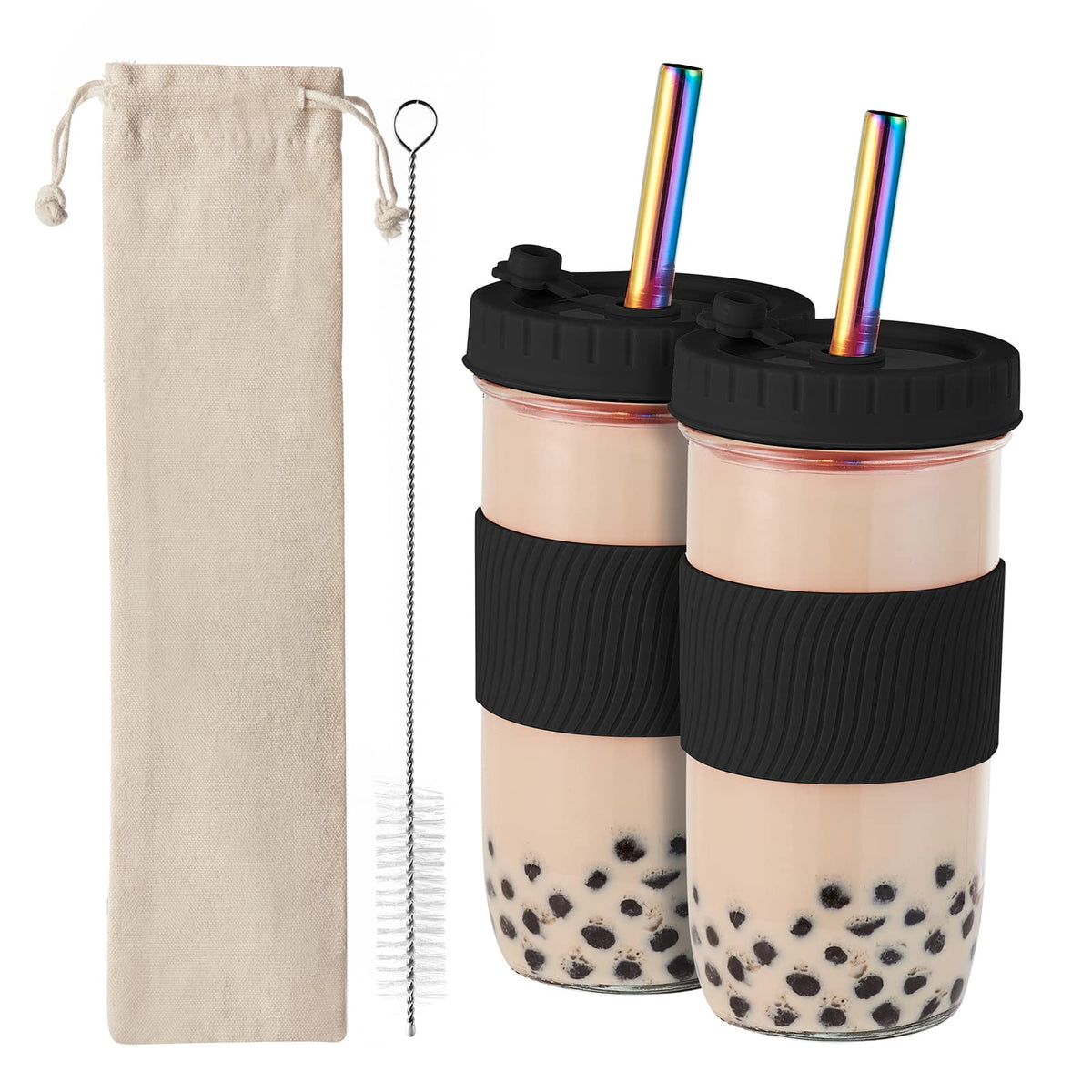 Amyoole 2 Pack Reusable Boba Cup,24Oz Wide Mouth Smoothie Cup,mason Jar Glass Cups with Lids and Straws,Bubble/Boba Tea Cups,Ice Coffee Tumbler 2 colored straws 1 sponge brush(Black)