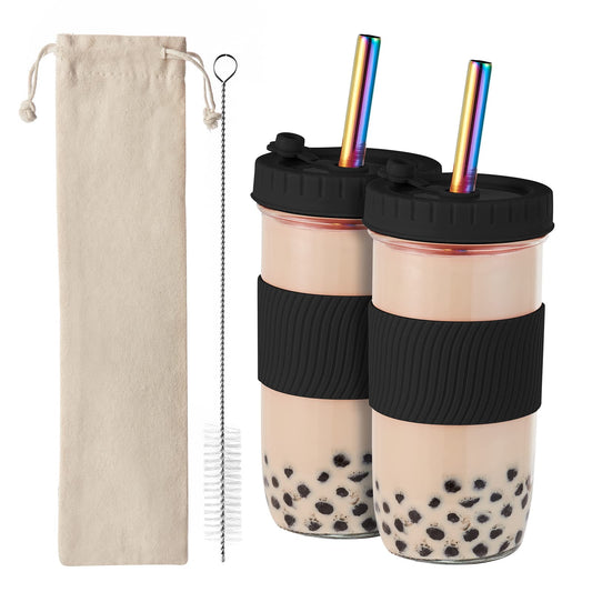 Amyoole 2 Pack Reusable Boba Cup,24Oz Wide Mouth Smoothie Cup,mason Jar Glass Cups with Lids and Straws,Bubble/Boba Tea Cups,Ice Coffee Tumbler 2 colored straws 1 sponge brush(Black)