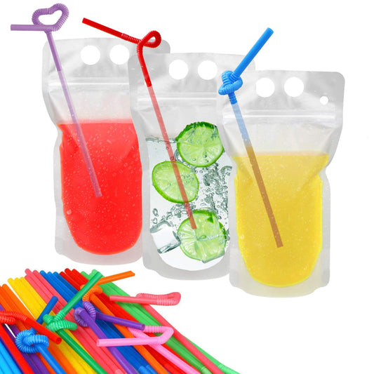 100 Pcs Drink Pouches with 100 Straw Holes, Freezable Juice Pouches, Translucent Reclosable Zipper Plastic Pouche Drink Bags for Cold & Hot Drinks for Adults and Kids