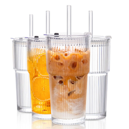 KEMORELA 4-Pack 20 oz Ribbed Glass Tumblers with Lids and Glass Straws – Vintage Iced Coffee Cups, Reusable Smoothie & Cocktail Drinking Glasses, Clear Glassware for Home or Cafe