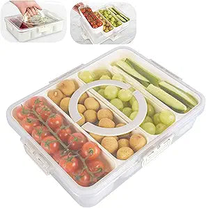 Snackle Box Container, Divided Serving Tray with Lid,4 Compartment Travel Snack Container, Fruit Veggie Tray with Lid for Fridge Fresh Keeping