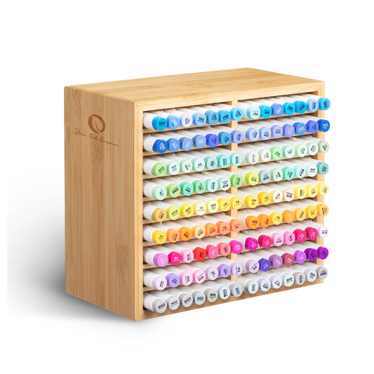 Ohuhu Bamboo Marker Organizer, Wooden Desktop Storage Hold 126 Markers, Pens, Pencils, Art Brushes Stationary Organizer Pencil Holder with 18 Compartments for Home, Classroom, Office Decor