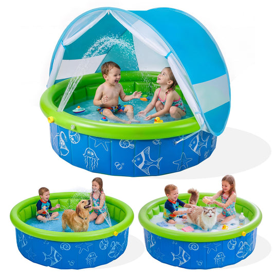Kids Pool for Toddler, Foldable Kiddie Pool with Removable Canopy, Portable Baby Toddler Pool for Indoor Outdoor, Quick Setup No Tools, Easy Drain Non-Slip Splash Pool for Backyard & Travel (47in)