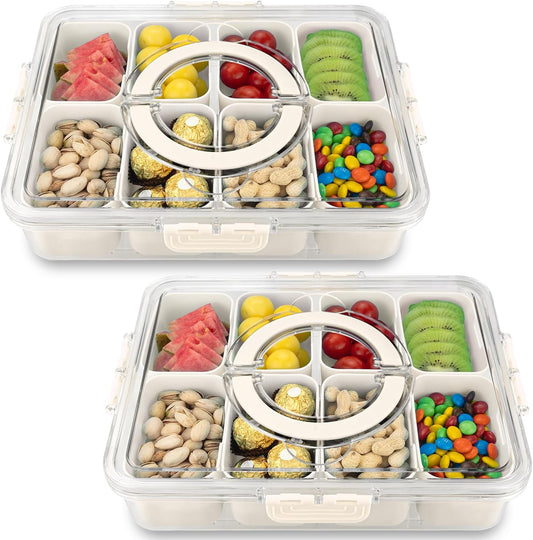 Divided Serving Tray with Lid and Handle,8 Compartments Snacks Box, Snack Fruit Tray, Veggie Tray, Portable Platter