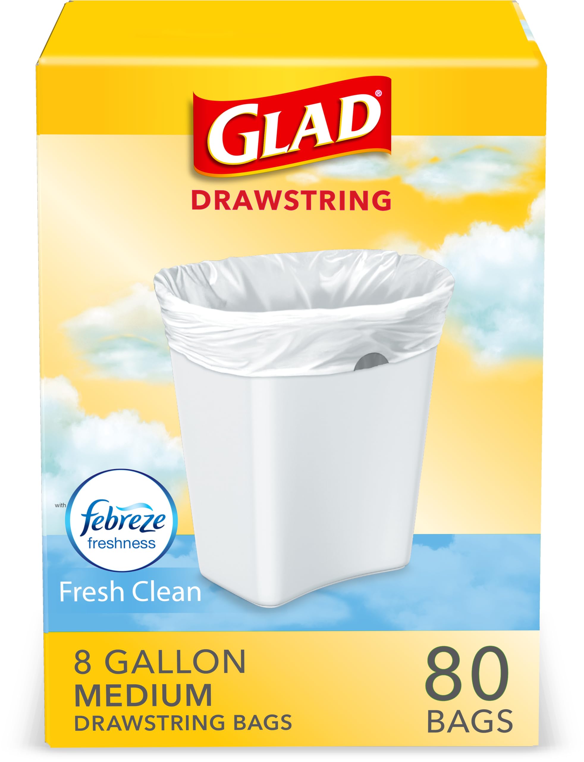 Glad Medium Trash Bags, 8 Gallon, Febreze Fresh Clean Garbage Bags, With Odor Control and Drawstring, 80 Count