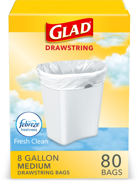 Glad Medium Trash Bags, 8 Gallon, Febreze Fresh Clean Garbage Bags, With Odor Control and Drawstring, 80 Count