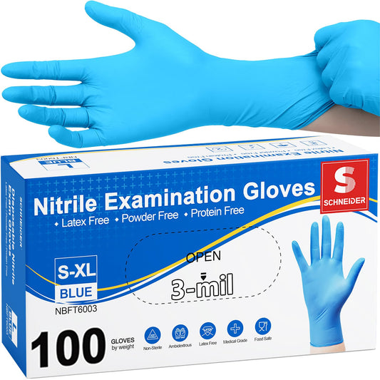 Schneider Nitrile Exam Gloves, Medical Grade Blue Disposable Gloves Latex Free, Rubber Glove for Cleaning, Cooking, Food Prep