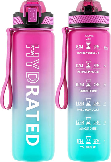 Water Bottle with Straw, 32oz Motivational Water Bottles with Time Marker to Drink, Tritan BPA Free, 1L Sports Water Bottle