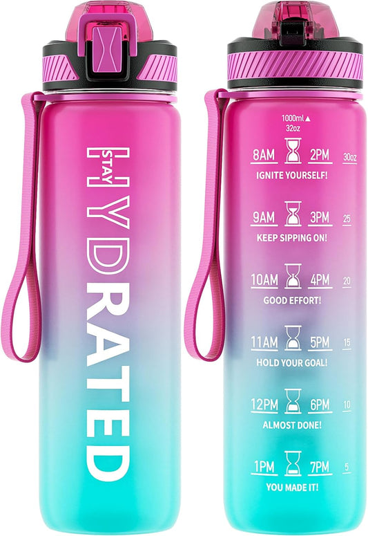 Water Bottle with Straw, 32oz Motivational Water Bottles with Time Marker to Drink, Tritan BPA Free, 1L Sports Water Bottle with Carry Strap LeakProof for Women Gym Fitness Outdoor (1 Pack)