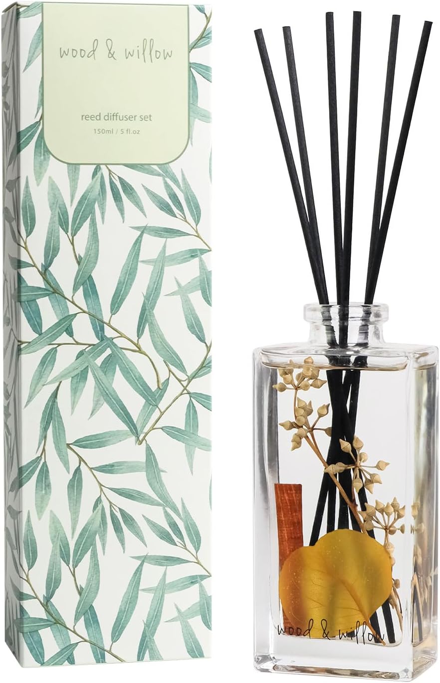 Wood & Willow Reed Diffuser Set with Dried Flowers, 5 fl. oz., Long-Lasting Home Fragrance - Wild Rose & Oud, Red Berry & Oak, Bergamot & Amber