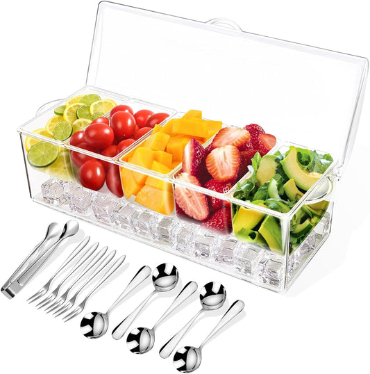 Condiment Tray with Stainless Steel 5 Spoons, 5 Forks and 1 Clip, Chilled Condiment Server, Condiment Server, Bar Garnish Holder on Ice