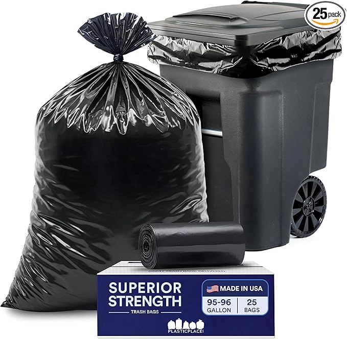 Plasticplace 95-96 Gallon Garbage Can Liners Heavy Duty 1.5 Mil Black Trash Bags Tear-Resistant Outdoor Garbage Bags for Rollaway Bins Large 61" x 68" Industrial-Strength Waste Bags (25 Count)