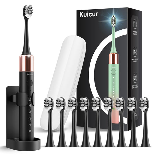 Kuicur Sonic Electric Toothbrush for Adults and Kids, Comes with 10 Brush Heads & Travel Case, 5 Modes with 2 Minutes Built in Smart Timer, One Charge for 90 Days, 42,000 VPM Motor (Black)