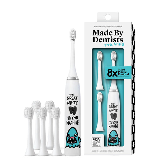 Made by Dentists Kids Electric Toothbrush - Rechargeable Vibrating Toothbrush with Timer, Includes 6 Replacement Heads, Gently Cleans Teeth, Kid & Toddlers Age 2+, Shark